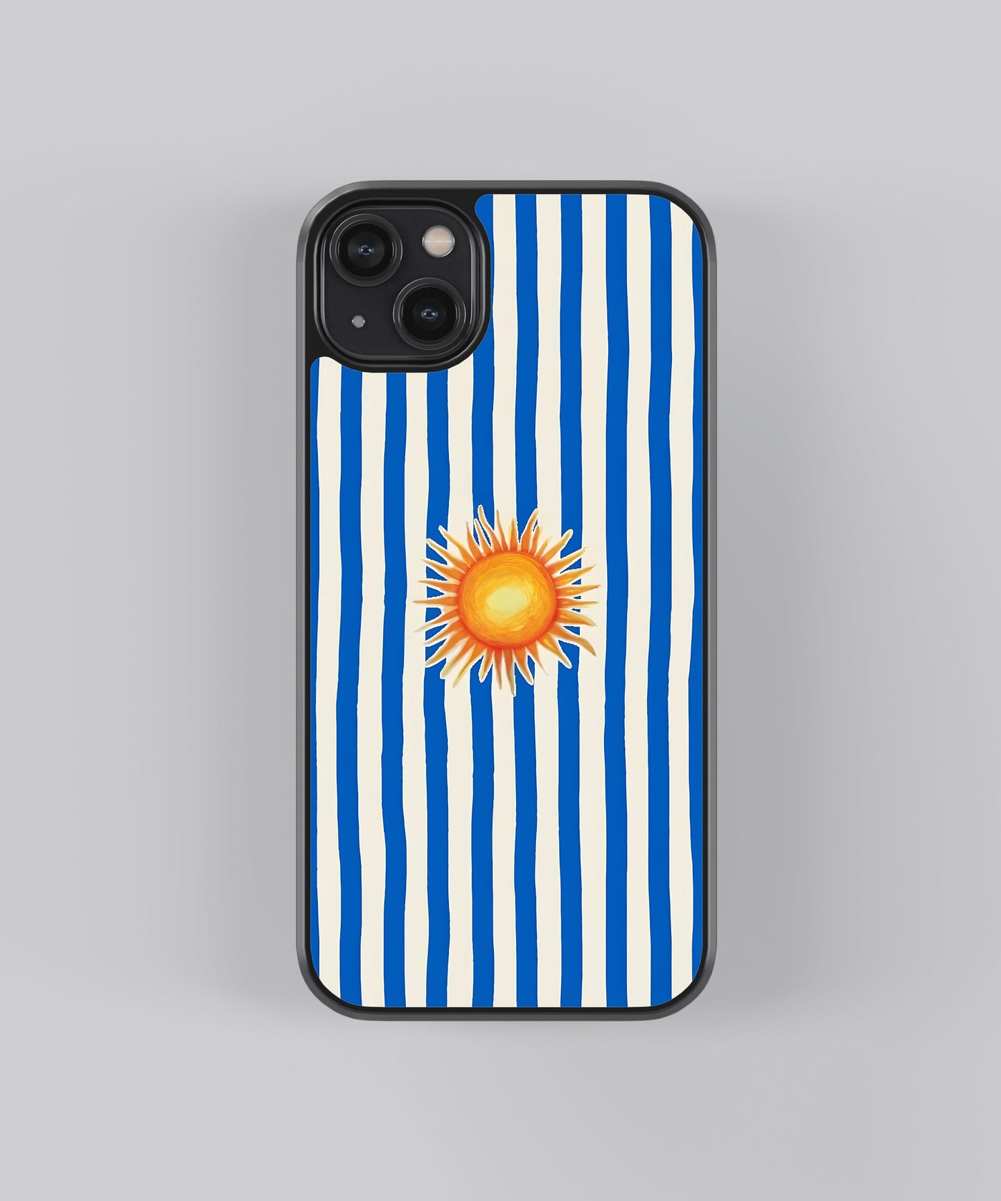 Glossy glass phone case featuring printed design artwork, shown with smooth reflective surface