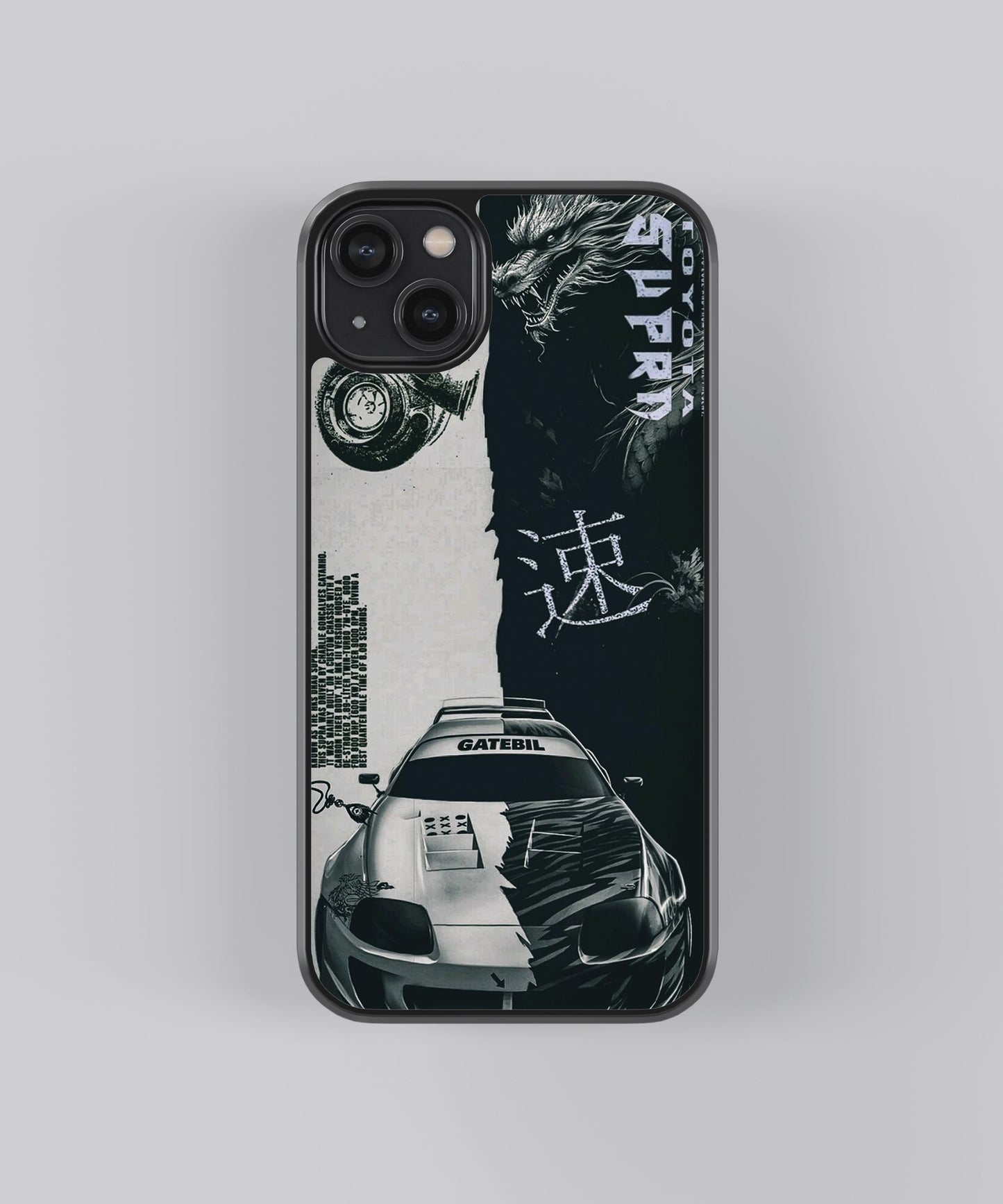 Glossy glass phone case featuring printed design artwork, shown with smooth reflective surface