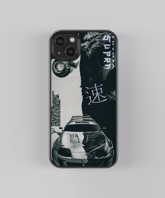 Glossy glass phone case featuring printed design artwork, shown with smooth reflective surface