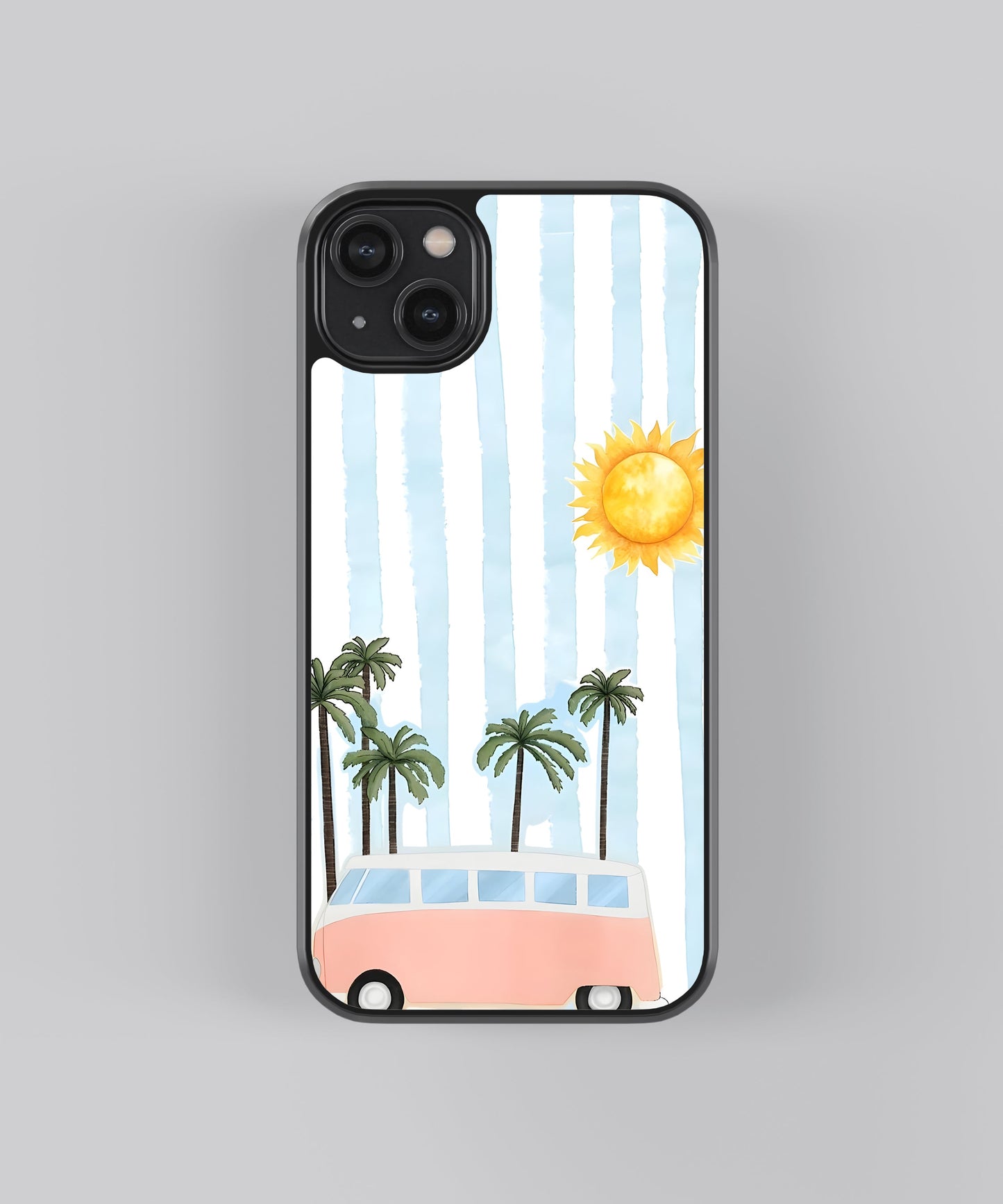 Glossy glass phone case featuring printed design artwork, shown with smooth reflective surface
