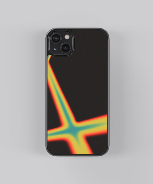 Glossy glass phone case featuring printed design artwork, shown with smooth reflective surface