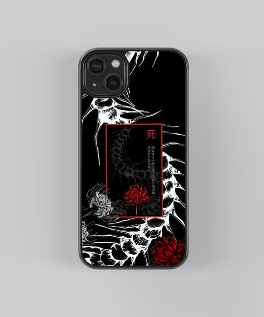 Glossy glass phone case featuring printed design artwork, shown with smooth reflective surface