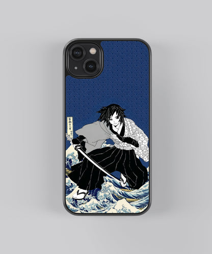 Glossy glass phone case featuring printed design artwork, shown with smooth reflective surface