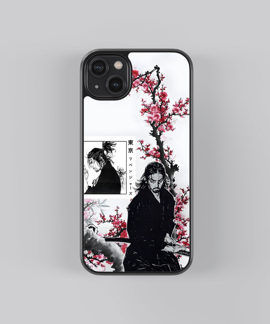 Glossy glass phone case featuring printed design artwork, shown with smooth reflective surface