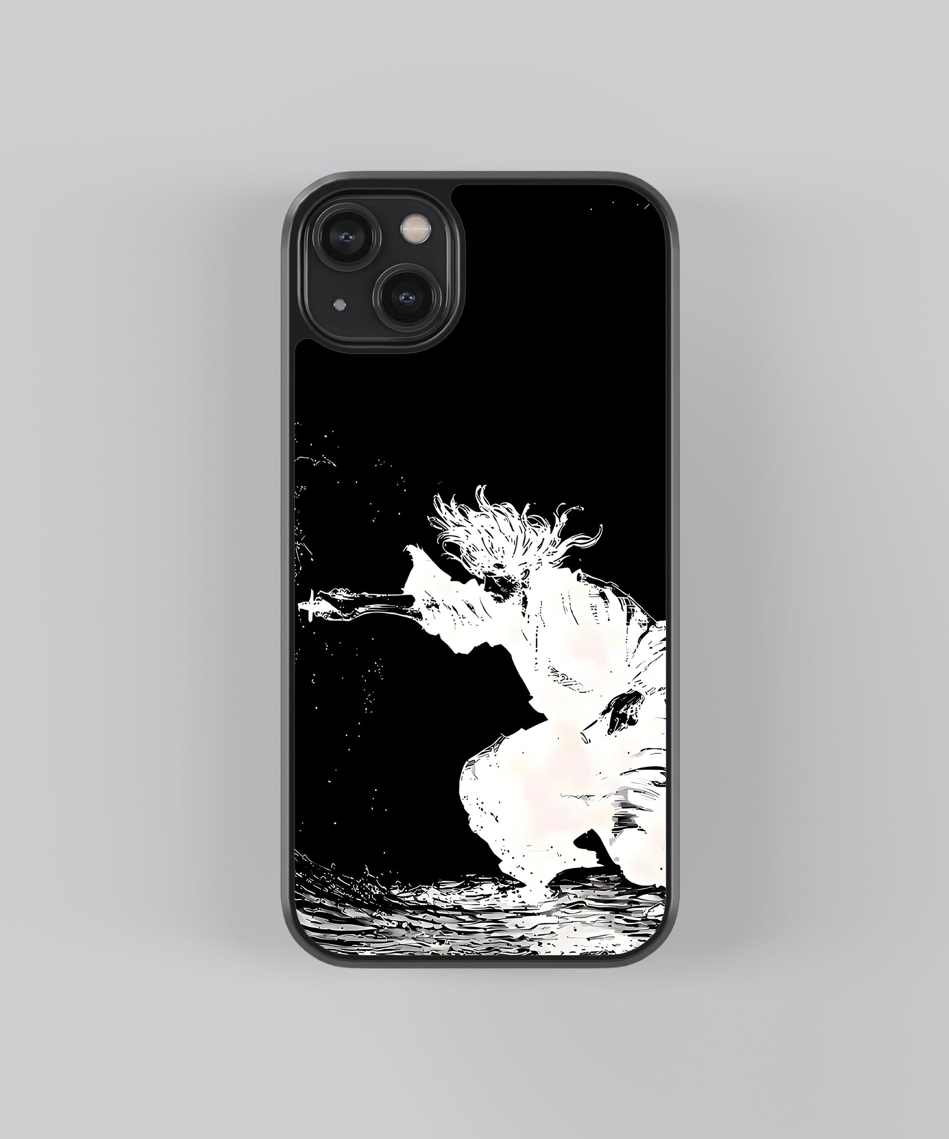 Glossy glass phone case featuring printed design artwork, shown with smooth reflective surface