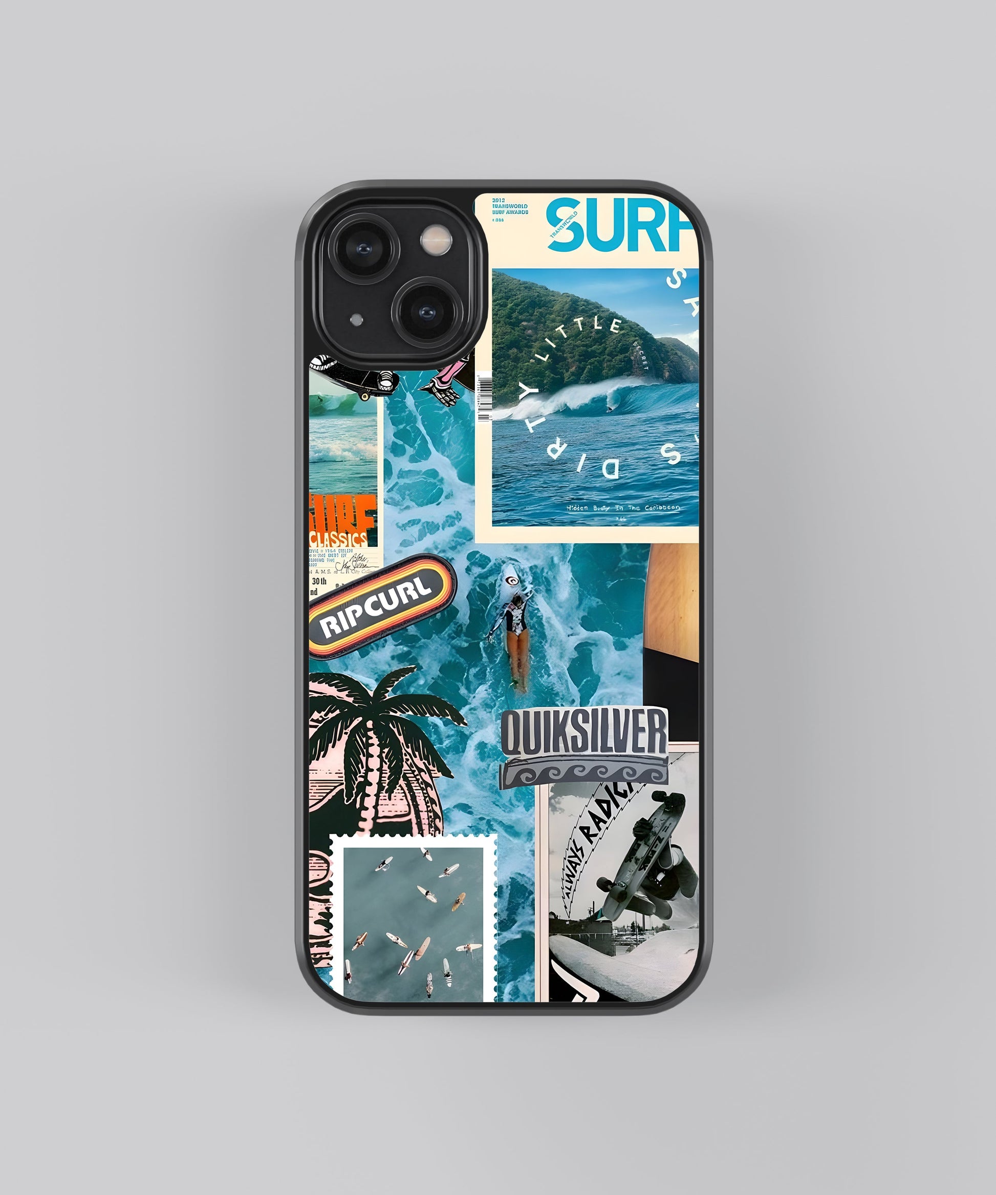 Glossy glass phone case featuring printed design artwork, shown with smooth reflective surface