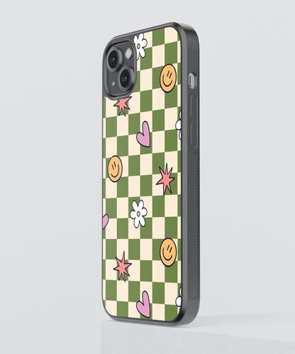 Floral Checkers Pattern Glass Phone Case Cover